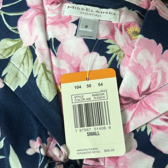 🆕Miss Elaine Essentials Knit Long Front Zip Robe Navy/Pink Roses Size S - Picture 5 of 11